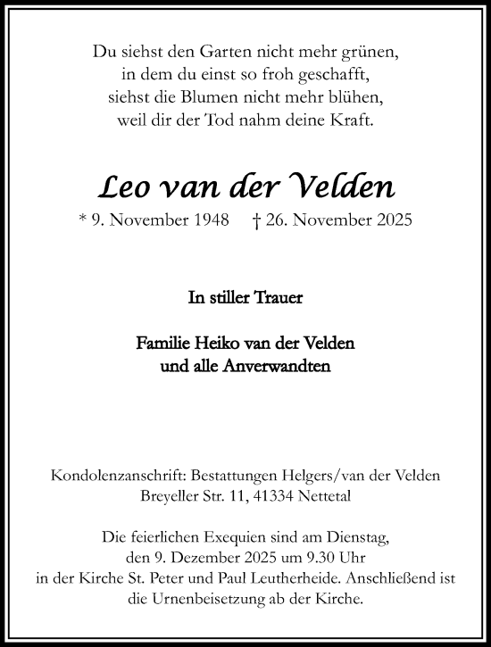 Traueranzeige von Leo van der Velden von trauer.panorama-anzeigenblatt.de