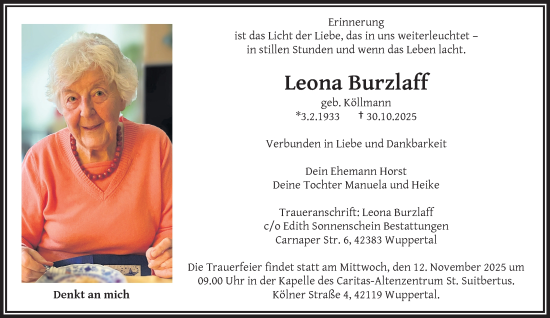 Traueranzeige von Leona Burzlaff von trauer.wuppertaler-rundschau.de