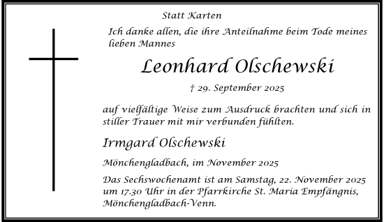 Traueranzeige von Leonhard Olschewski von trauer.panorama-anzeigenblatt.de