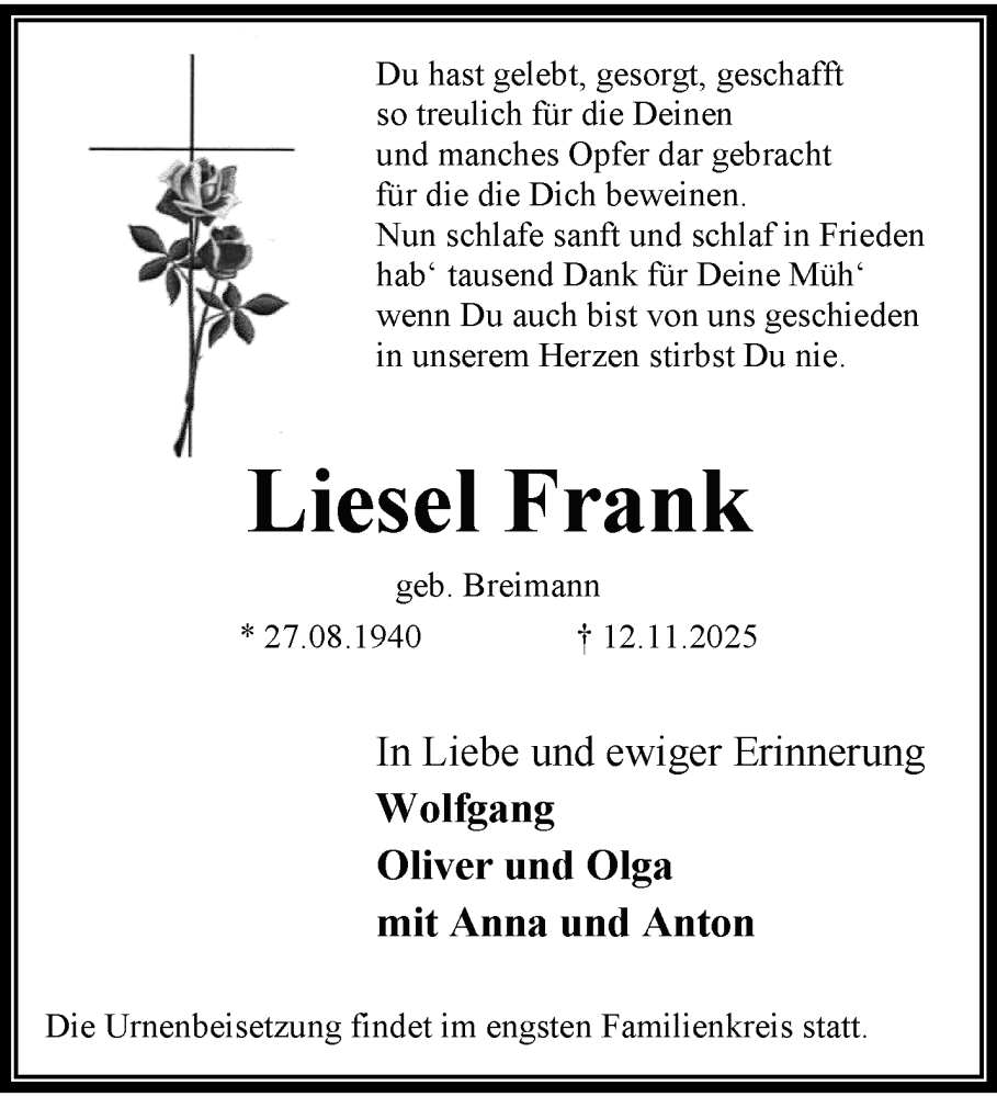  Traueranzeige für Liesel Frank vom 23.11.2025 aus trauer.panorama-anzeigenblatt.de