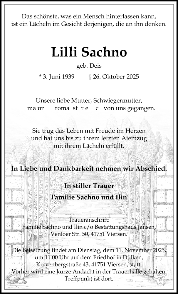  Traueranzeige für Lilli Sachno vom 09.11.2025 aus trauer.panorama-anzeigenblatt.de