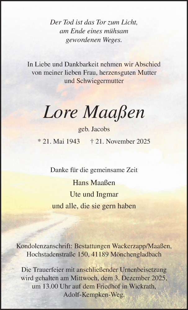  Traueranzeige für Lore Maaßen vom 30.11.2025 aus trauer.panorama-anzeigenblatt.de