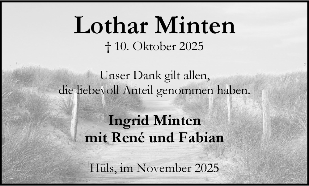  Traueranzeige für Lothar Minten vom 16.11.2025 aus trauer.panorama-anzeigenblatt.de