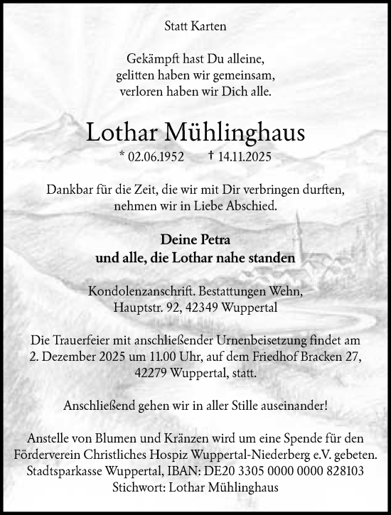Traueranzeige von Lothar Mühlinghaus von trauer.wuppertaler-rundschau.de