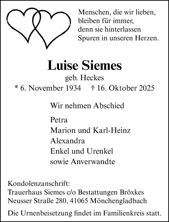 Traueranzeige von Luise Siemes von trauer.panorama-anzeigenblatt.de