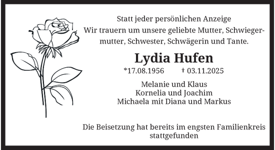 Traueranzeige von Lydia Hufen von trauer.panorama-anzeigenblatt.de
