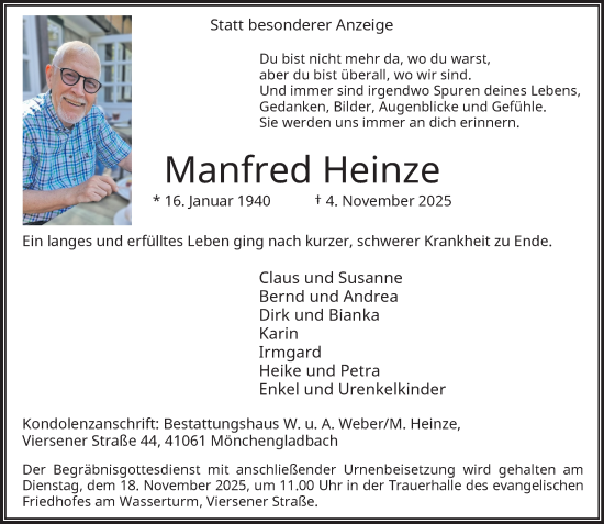 Traueranzeige von Manfred Heinze von trauer.panorama-anzeigenblatt.de
