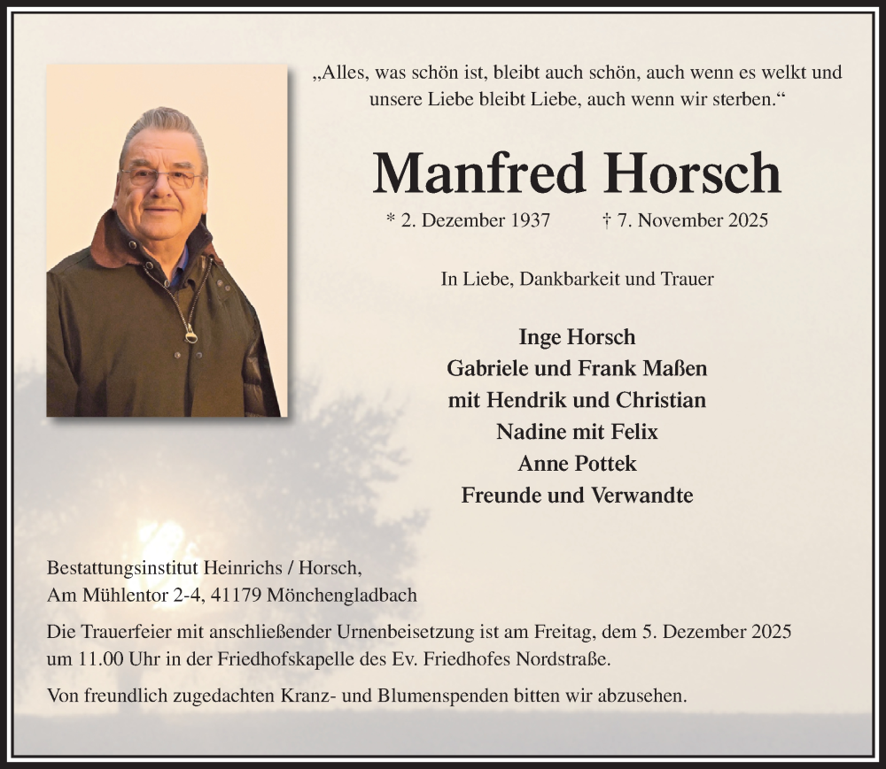  Traueranzeige für Manfred Horsch vom 23.11.2025 aus trauer.panorama-anzeigenblatt.de