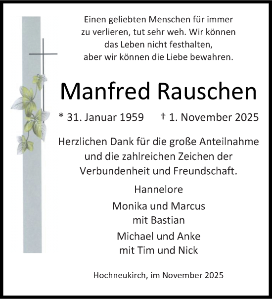 Traueranzeige von Manfred Rauschen von trauer.stadt-kurier.de
