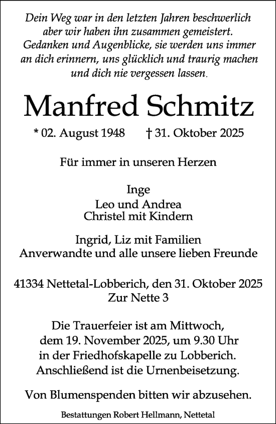 Traueranzeige von Manfred Schmitz von trauer.panorama-anzeigenblatt.de
