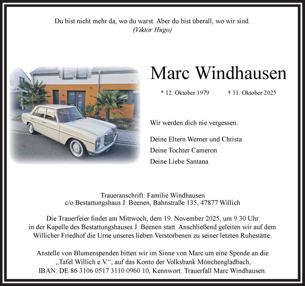  Traueranzeige für Marc Windhausen vom 16.11.2025 aus trauer.panorama-anzeigenblatt.de