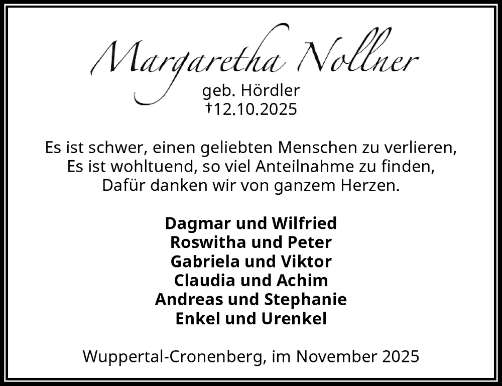  Traueranzeige für Margaretha Nollner vom 22.11.2025 aus trauer.wuppertaler-rundschau.de