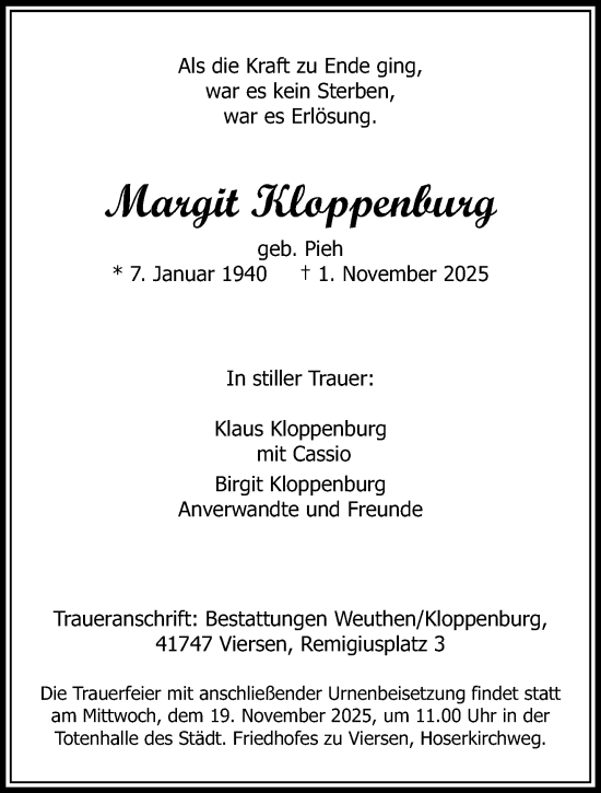 Traueranzeige von Margit Kloppenburg von trauer.panorama-anzeigenblatt.de