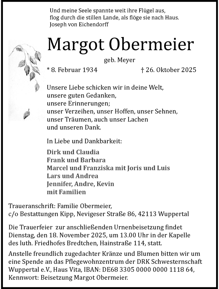  Traueranzeige für Margot Obermeier vom 08.11.2025 aus trauer.wuppertaler-rundschau.de