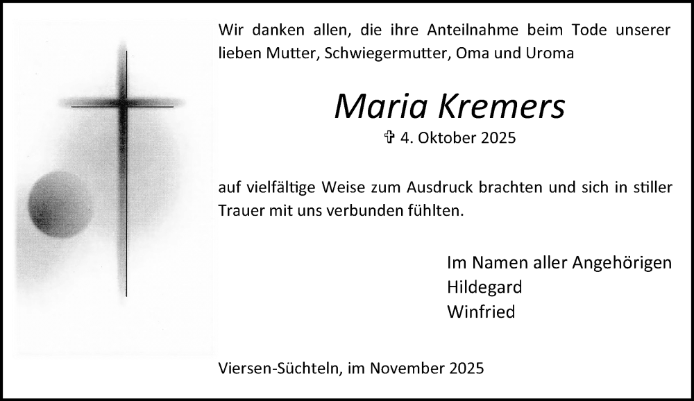  Traueranzeige für Maria Kremers vom 09.11.2025 aus trauer.panorama-anzeigenblatt.de