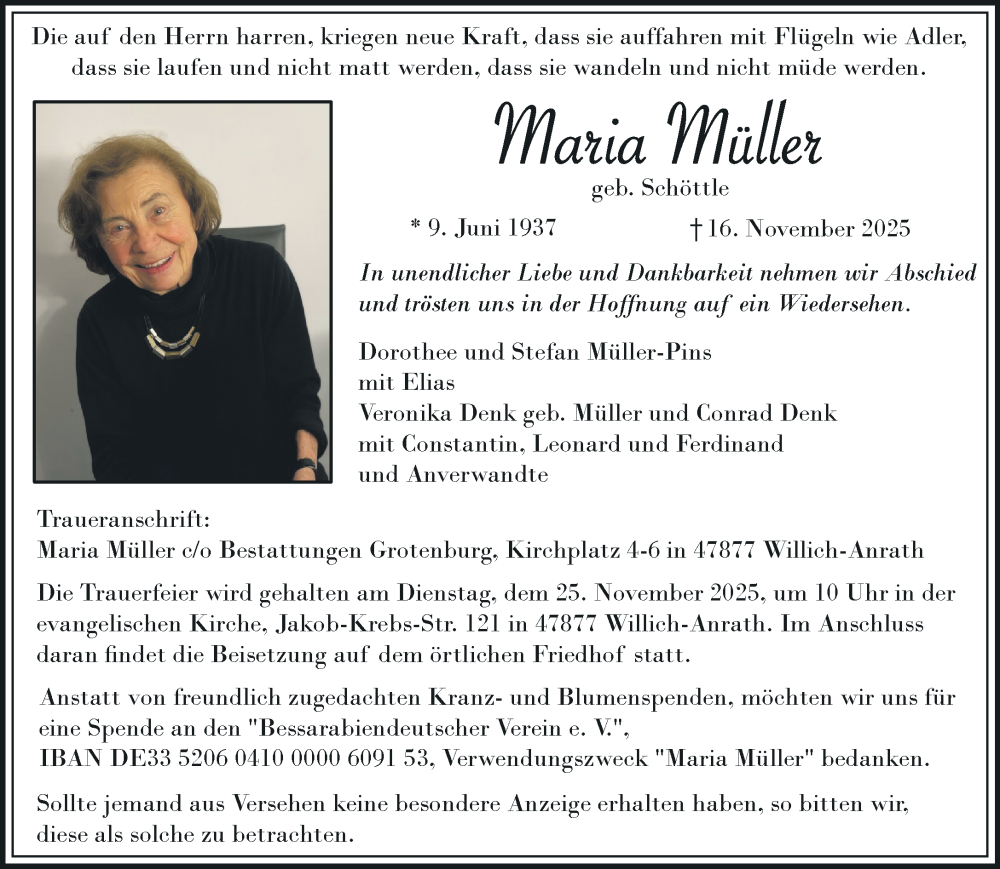  Traueranzeige für Maria Müller vom 23.11.2025 aus trauer.panorama-anzeigenblatt.de