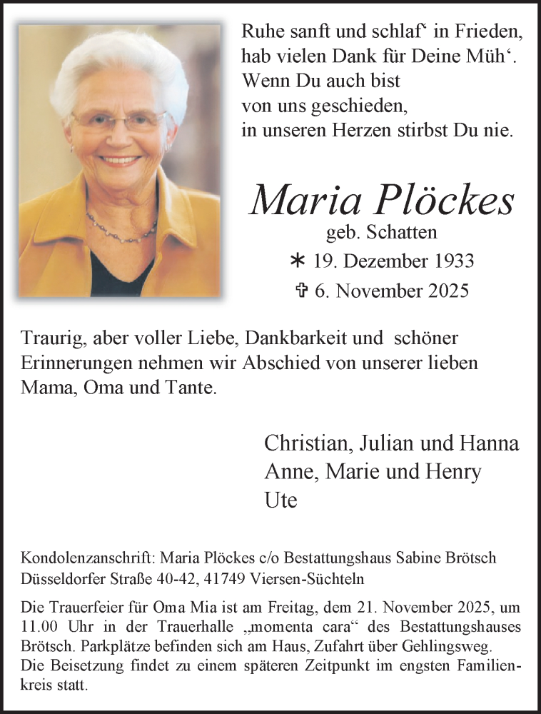  Traueranzeige für Maria Plöckes vom 16.11.2025 aus trauer.panorama-anzeigenblatt.de
