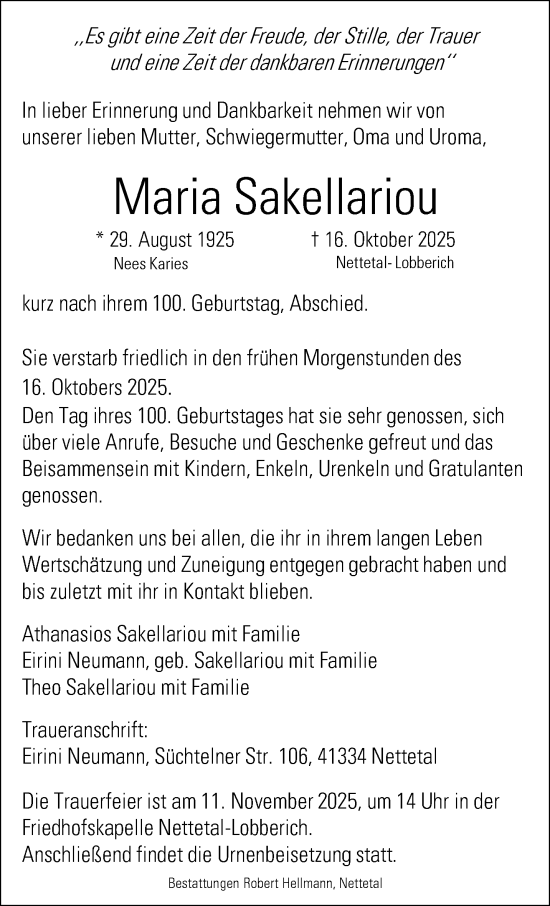 Traueranzeige von Maria Sakellariou von trauer.panorama-anzeigenblatt.de