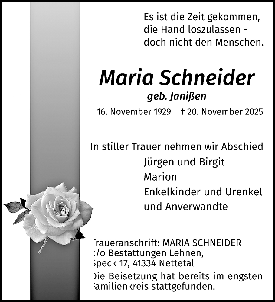  Traueranzeige für Maria Schneider vom 30.11.2025 aus trauer.panorama-anzeigenblatt.de