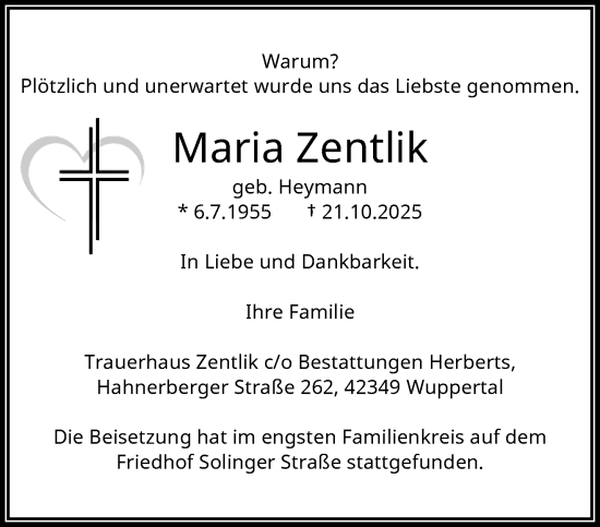 Traueranzeige von Maria Zentlik von trauer.wuppertaler-rundschau.de