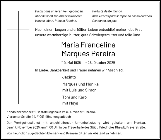 Traueranzeige von Maria Francelina Marques Pereira von trauer.panorama-anzeigenblatt.de