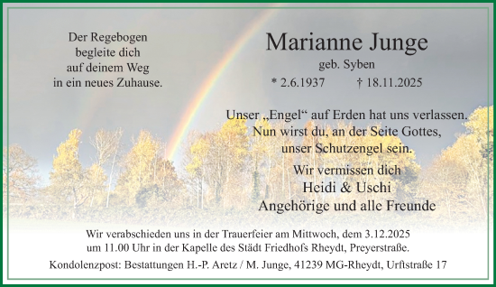 Traueranzeige von Marianne Junge von trauer.panorama-anzeigenblatt.de