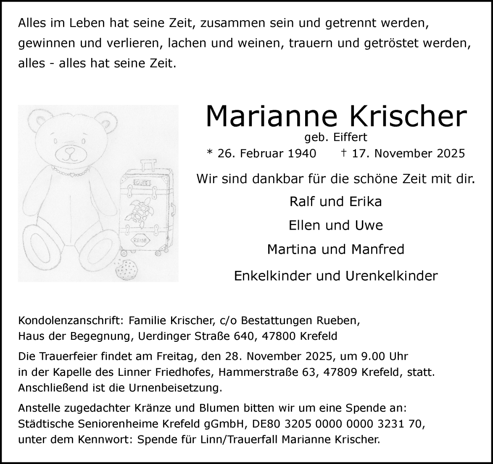  Traueranzeige für Marianne Krischer vom 23.11.2025 aus trauer.panorama-anzeigenblatt.de