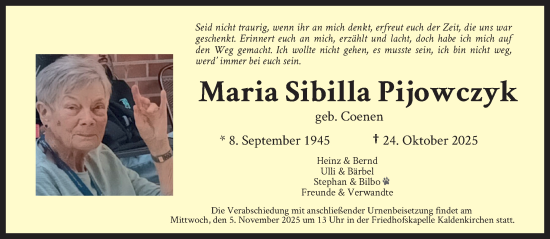 Traueranzeige von Maria Sibilla Pijowczyk von trauer.panorama-anzeigenblatt.de