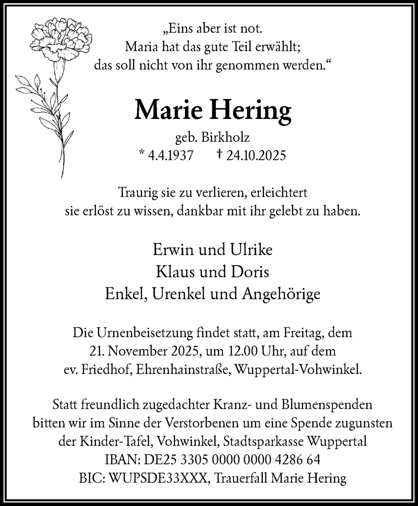  Traueranzeige für Marie Hering vom 08.11.2025 aus trauer.wuppertaler-rundschau.de
