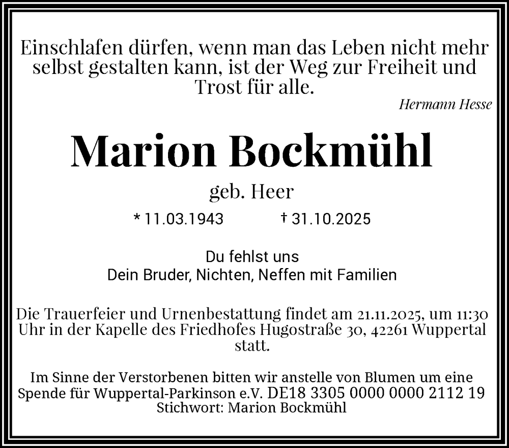  Traueranzeige für Marion Bockmühl vom 15.11.2025 aus trauer.wuppertaler-rundschau.de