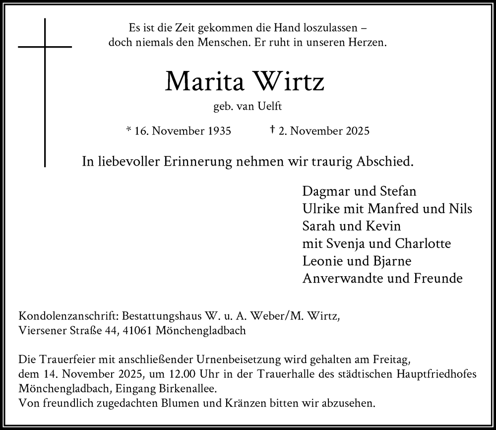  Traueranzeige für Marita Wirtz vom 09.11.2025 aus trauer.panorama-anzeigenblatt.de