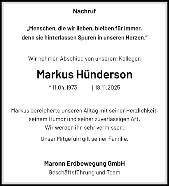 Traueranzeige von Markus Hünderson von trauer.panorama-anzeigenblatt.de