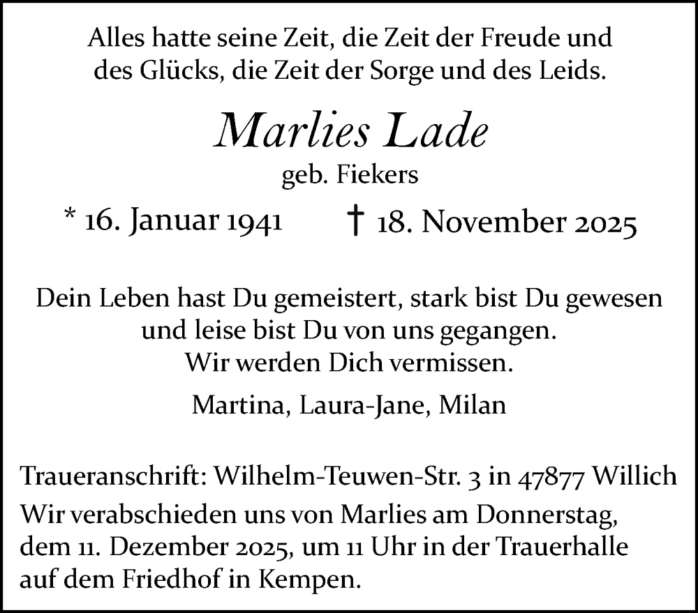  Traueranzeige für Marlies Lade vom 30.11.2025 aus trauer.panorama-anzeigenblatt.de