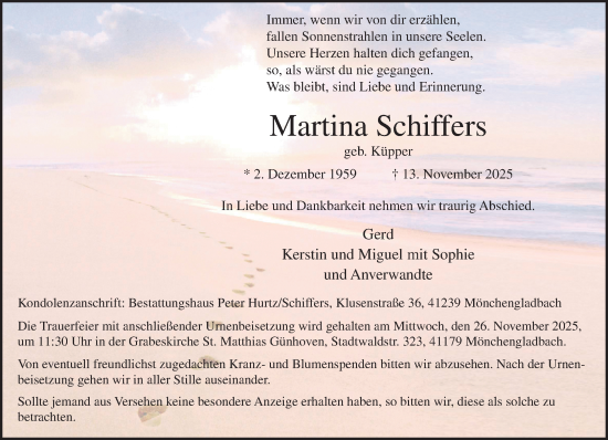 Traueranzeige von Martina Schiffers von trauer.panorama-anzeigenblatt.de