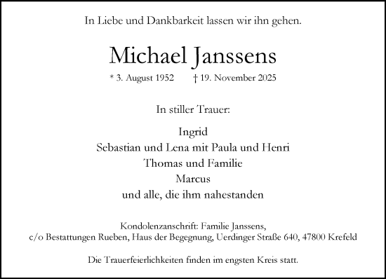 Traueranzeige von Michael Janssens von trauer.panorama-anzeigenblatt.de