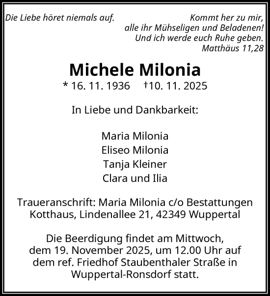 Traueranzeige von Michele Milonia von trauer.wuppertaler-rundschau.de