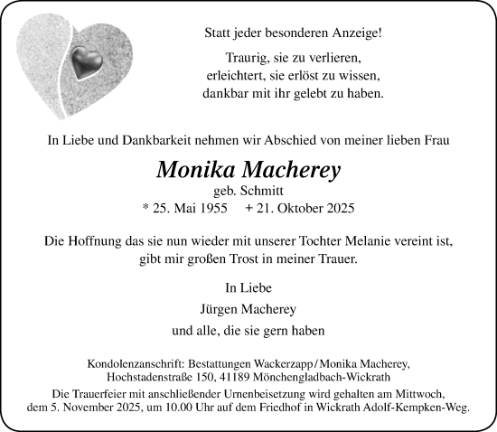 Traueranzeige von Monika Macherey von trauer.panorama-anzeigenblatt.de