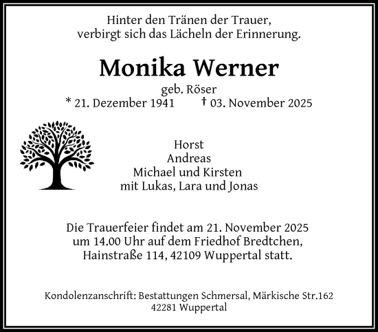 Traueranzeige von Monika Werner von trauer.wuppertaler-rundschau.de