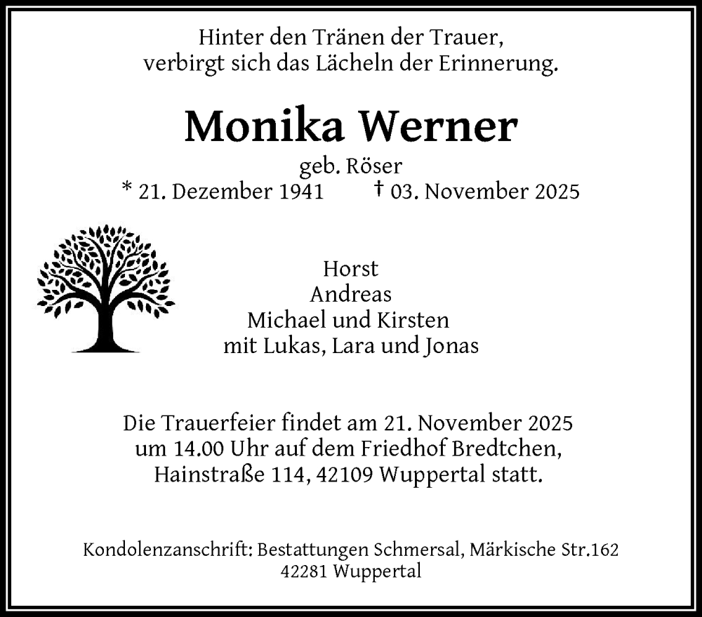  Traueranzeige für Monika Werner vom 15.11.2025 aus trauer.wuppertaler-rundschau.de