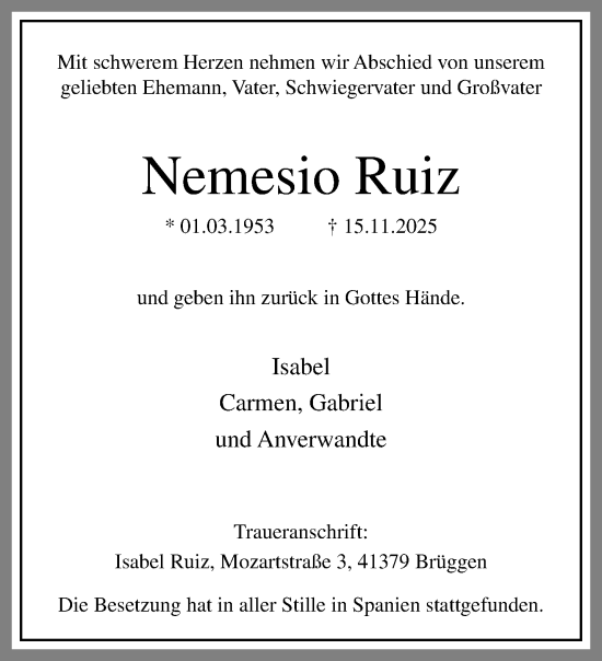 Traueranzeige von Nemesio Ruiz von trauer.panorama-anzeigenblatt.de
