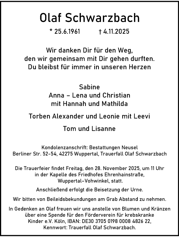  Traueranzeige für Olaf Schwarzbach vom 15.11.2025 aus trauer.wuppertaler-rundschau.de