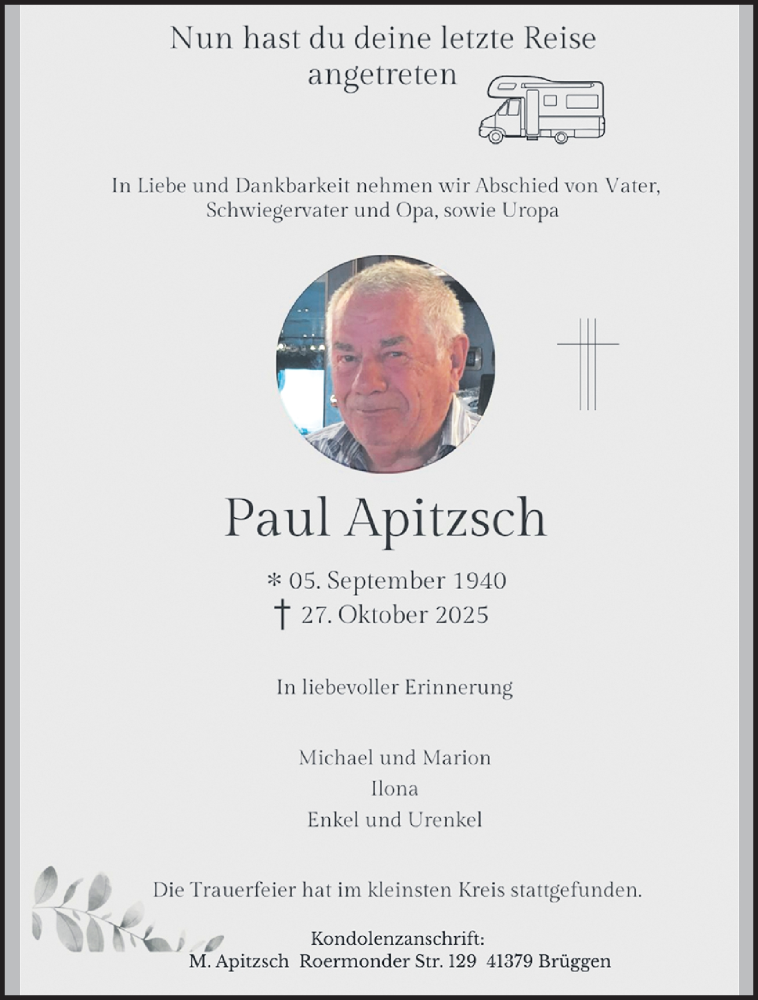 Traueranzeige für Paul Apitzsch vom 09.11.2025 aus trauer.panorama-anzeigenblatt.de