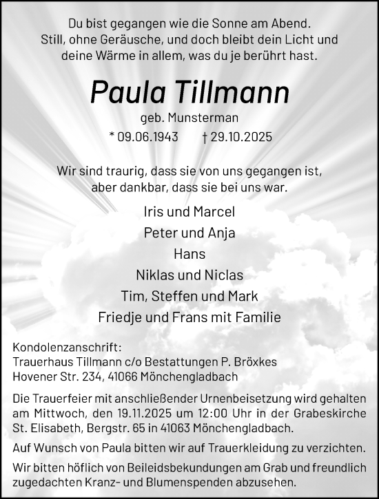 Traueranzeige von Paula Tillmann von trauer.panorama-anzeigenblatt.de
