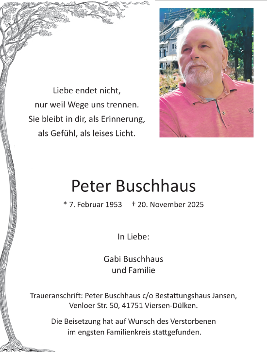Traueranzeige von Peter Buschhaus von trauer.panorama-anzeigenblatt.de