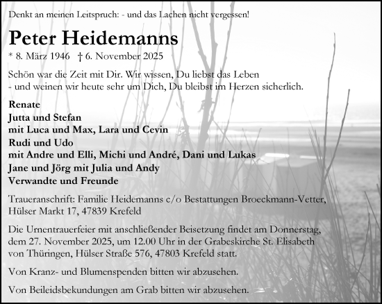 Traueranzeige von Peter Heidemanns von trauer.panorama-anzeigenblatt.de