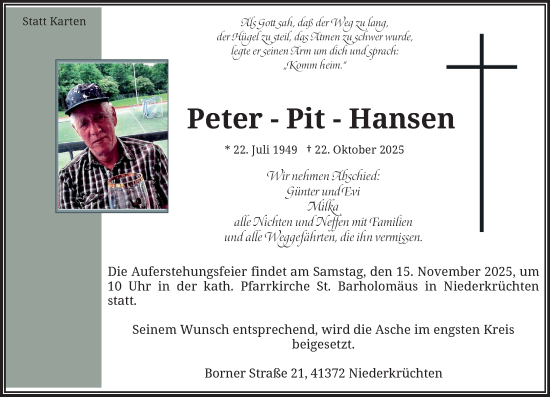 Traueranzeige von Peter-Pit Hansen von trauer.panorama-anzeigenblatt.de
