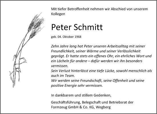 Traueranzeige von Peter Schmitt von trauer.panorama-anzeigenblatt.de