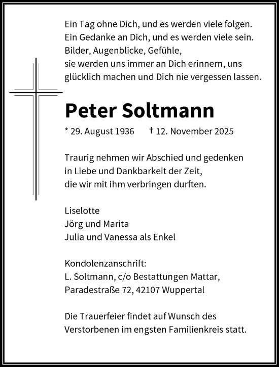 Traueranzeige von Peter Soltmann von trauer.wuppertaler-rundschau.de