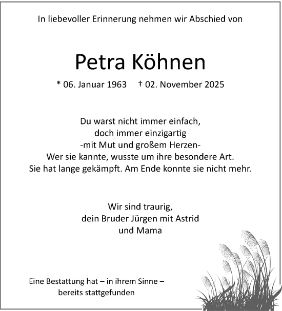 Traueranzeige von Petra Köhnen von trauer.panorama-anzeigenblatt.de