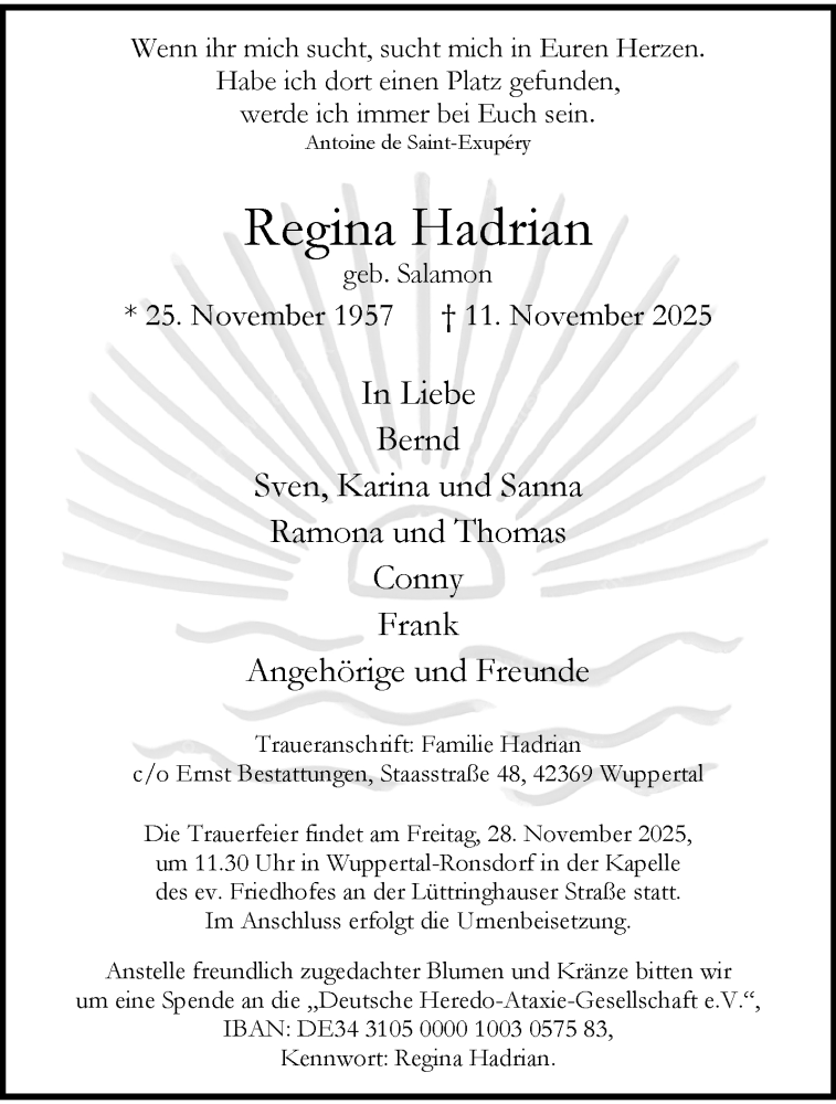  Traueranzeige für Regina Hadrian vom 22.11.2025 aus trauer.wuppertaler-rundschau.de
